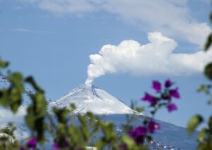 Hermosa vista floreada del Popocatépetl en Puebla